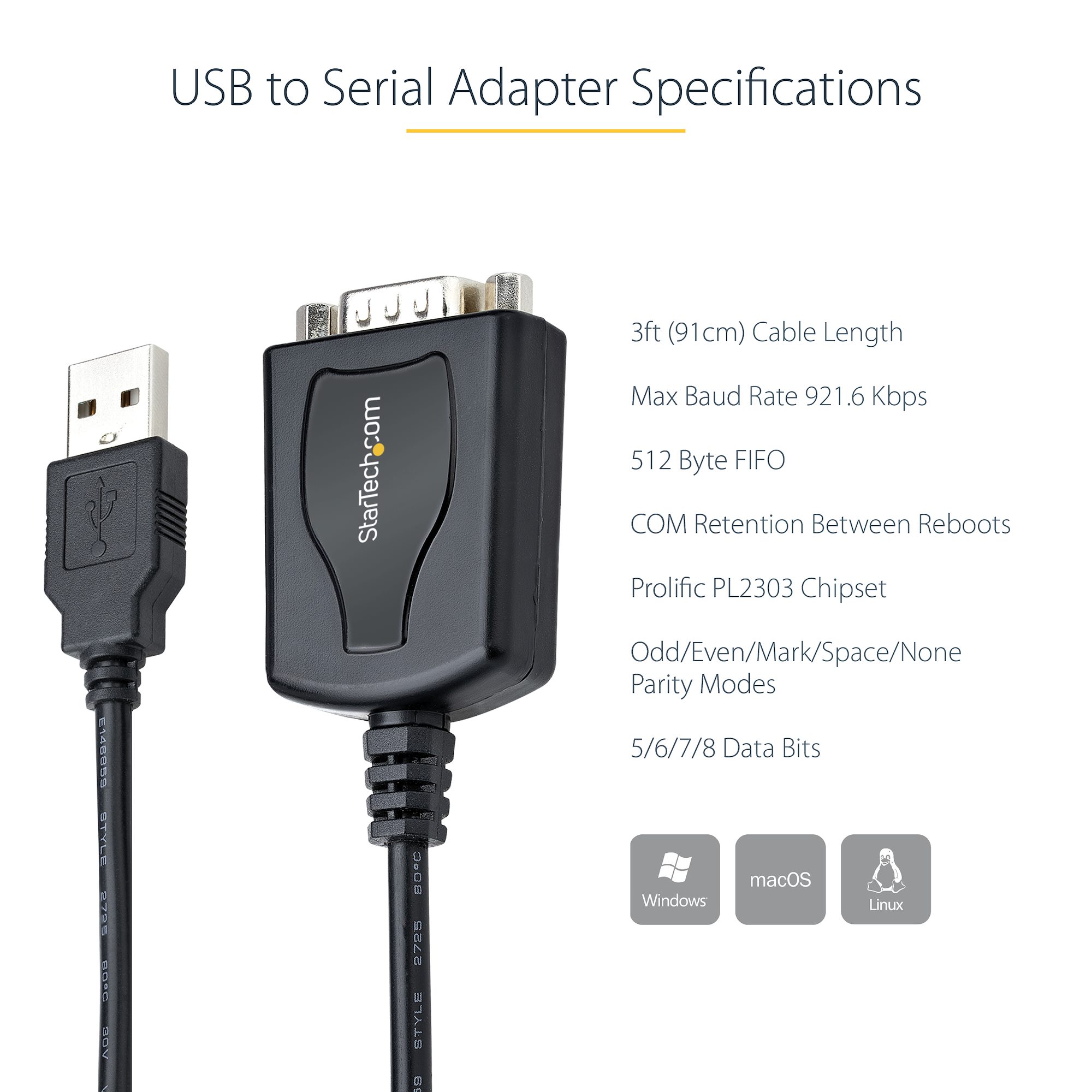 StarTech.com 3ft USB to Serial Cable - USB to RS232 DB9 Serial Port ...